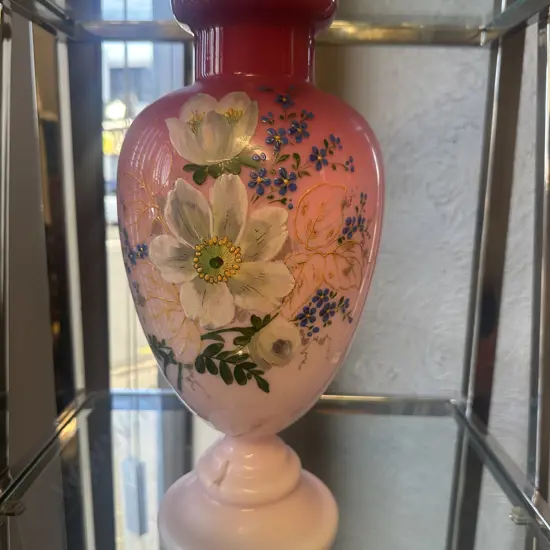 Pink Opaline Glass Vase With Hand Painted Flowers H36cm.