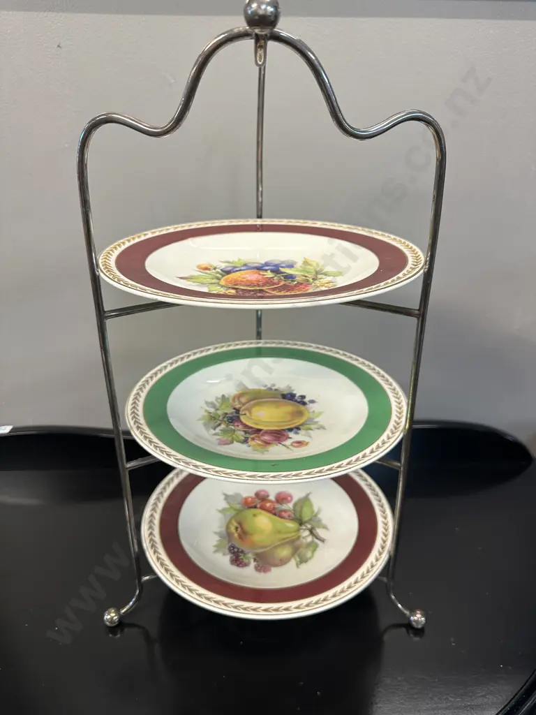 Decorative Vintage Gold Gilt Edge Crown Ducal Plates x3 With 3 Tier Plate Stand Image 1++