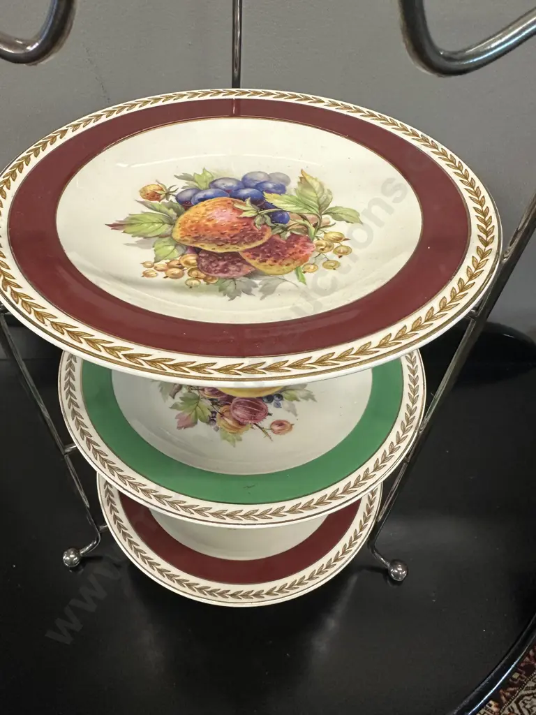 Decorative Vintage Gold Gilt Edge Crown Ducal Plates x3 With 3 Tier Plate Stand Image 1++
