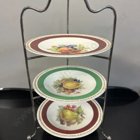 Decorative Vintage Gold Gilt Edge Crown Ducal Plates x3 With 3 Tier Plate Stand