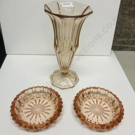 Pair of Vintage French Glass Salmon Pink Ashtrays c1970 - 1980's & a Pink Depression Glass Vase