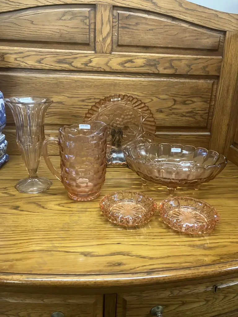 Pink Depression Glass Items - Indiana & Federal Glass With With Pair of French Glass Salmon Pink Ashtrays c1970 - 1980 Image 1++