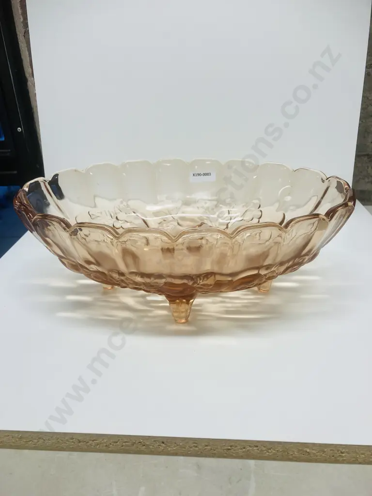 Vintage Indiana Glass Co Pink Depression Glass Harvest Garland Large Oval Footed Fruit Bowl. Image 1++