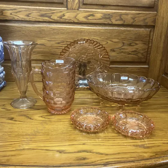 Pink Depression Glass Items - Indiana & Federal Glass With With Pair of French Glass Salmon Pink Ashtrays c1970 - 1980