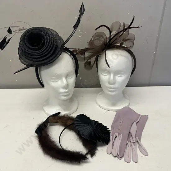 Selection Of Womans Formal Fascinators, Bands & Vintage Gloves