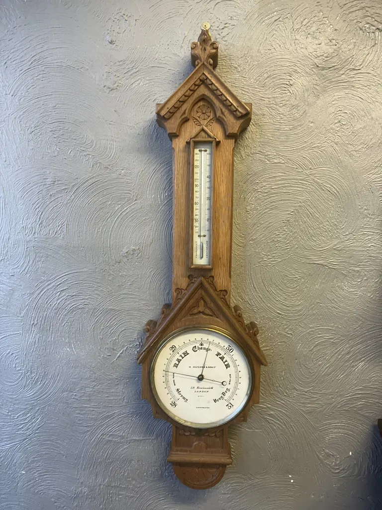 Antique Victorian Hughes & Son London No 3711 Carved Oak Banjo Compensated Barometer With Temperature. 95 x 27cm Image 1++