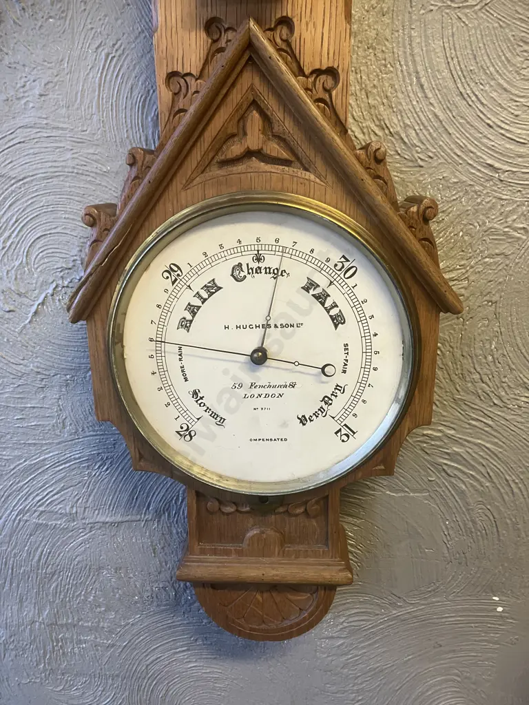 Antique Victorian Hughes & Son London No 3711 Carved Oak Banjo Compensated Barometer With Temperature. 95 x 27cm Image 1++