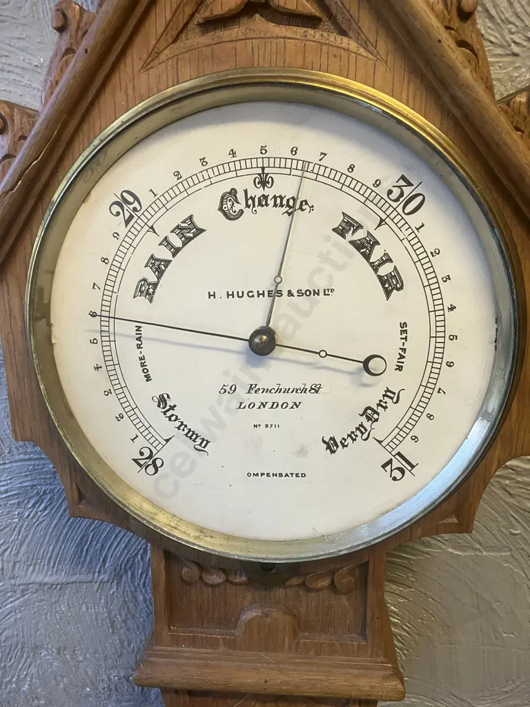 Antique Victorian Hughes & Son London No 3711 Carved Oak Banjo Compensated Barometer With Temperature. 95 x 27cm Image 1++