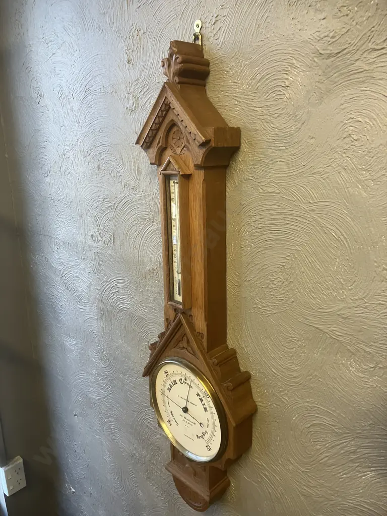Antique Victorian Hughes & Son London No 3711 Carved Oak Banjo Compensated Barometer With Temperature. 95 x 27cm Image 1++