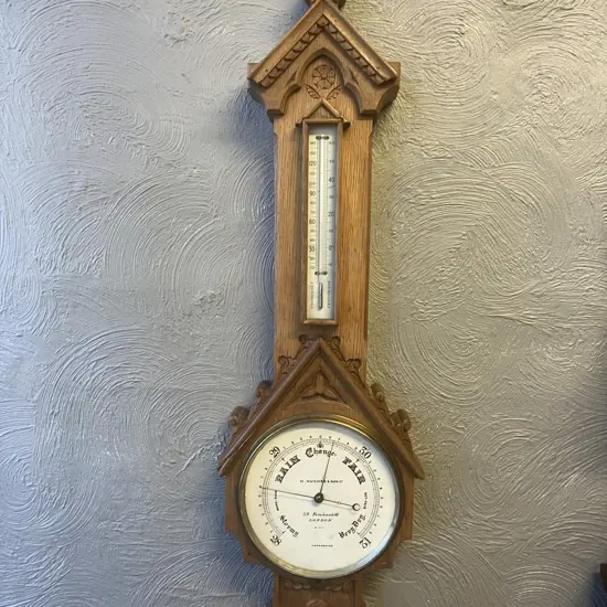 Antique Victorian Hughes & Son London No 3711 Carved Oak Banjo Compensated Barometer With Temperature. 95 x 27cm