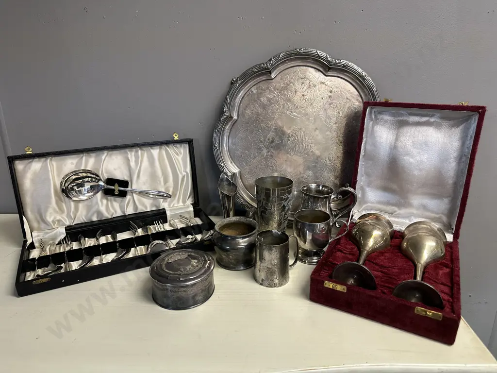 Selection Of Silverware Items Including Footed Serving Tray, Goblets Etc Image 1++