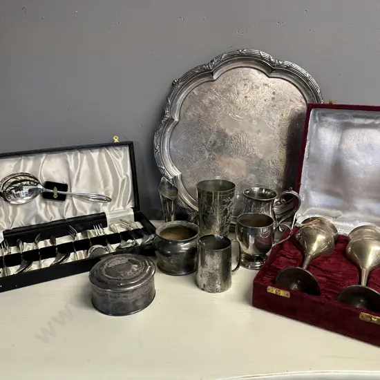 Selection Of Silverware Items Including Footed Serving Tray, Goblets Etc