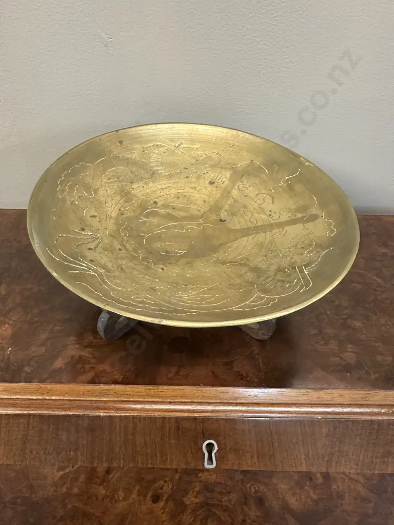 Ornate Oriental Brass Dish With Carved Wooden Stand Dia23cm. Image 1++