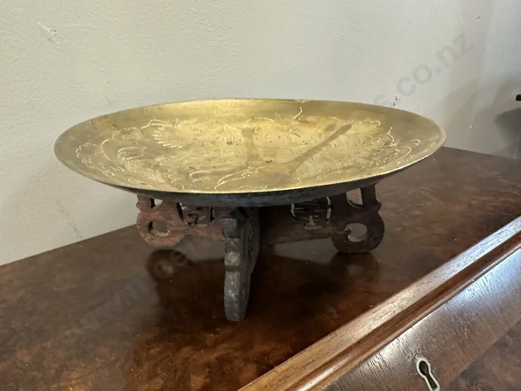 Ornate Oriental Brass Dish With Carved Wooden Stand Dia23cm. Image 1++