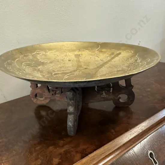 Ornate Oriental Brass Dish With Carved Wooden Stand Dia23cm.