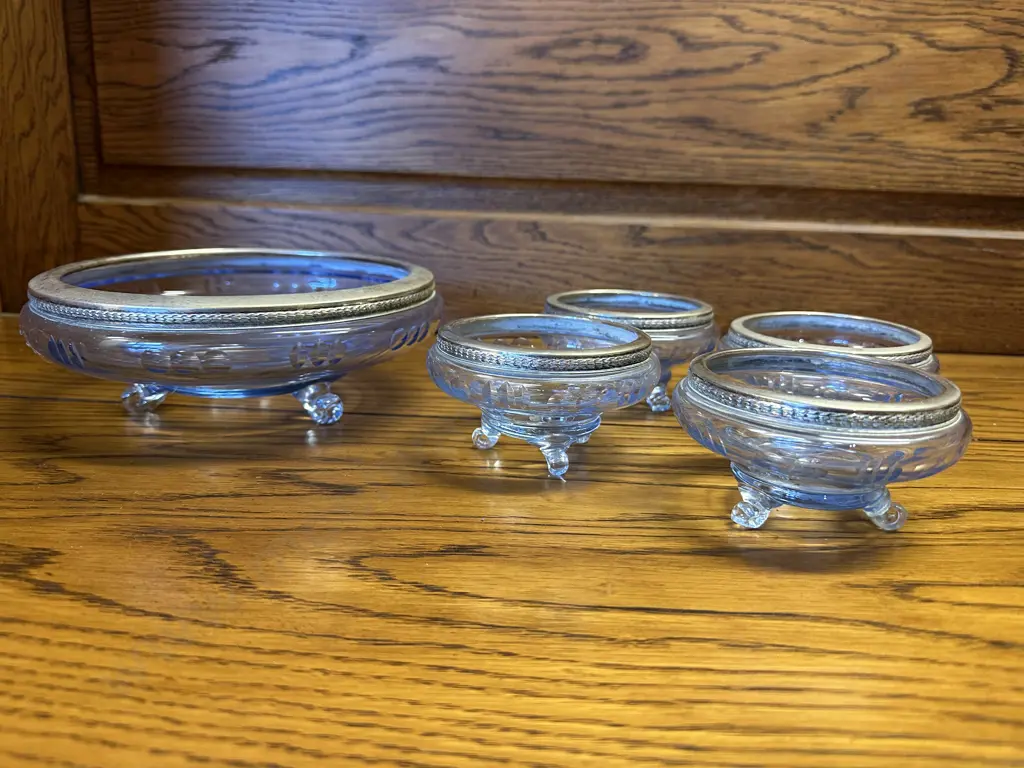 Vintage Footed Dessert Set Blue Glass With Silver Plated Rim Image 1++