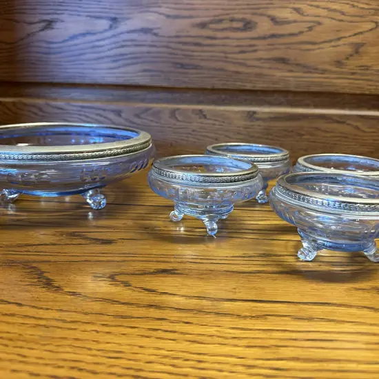 Vintage Footed Dessert Set Blue Glass With Silver Plated Rim