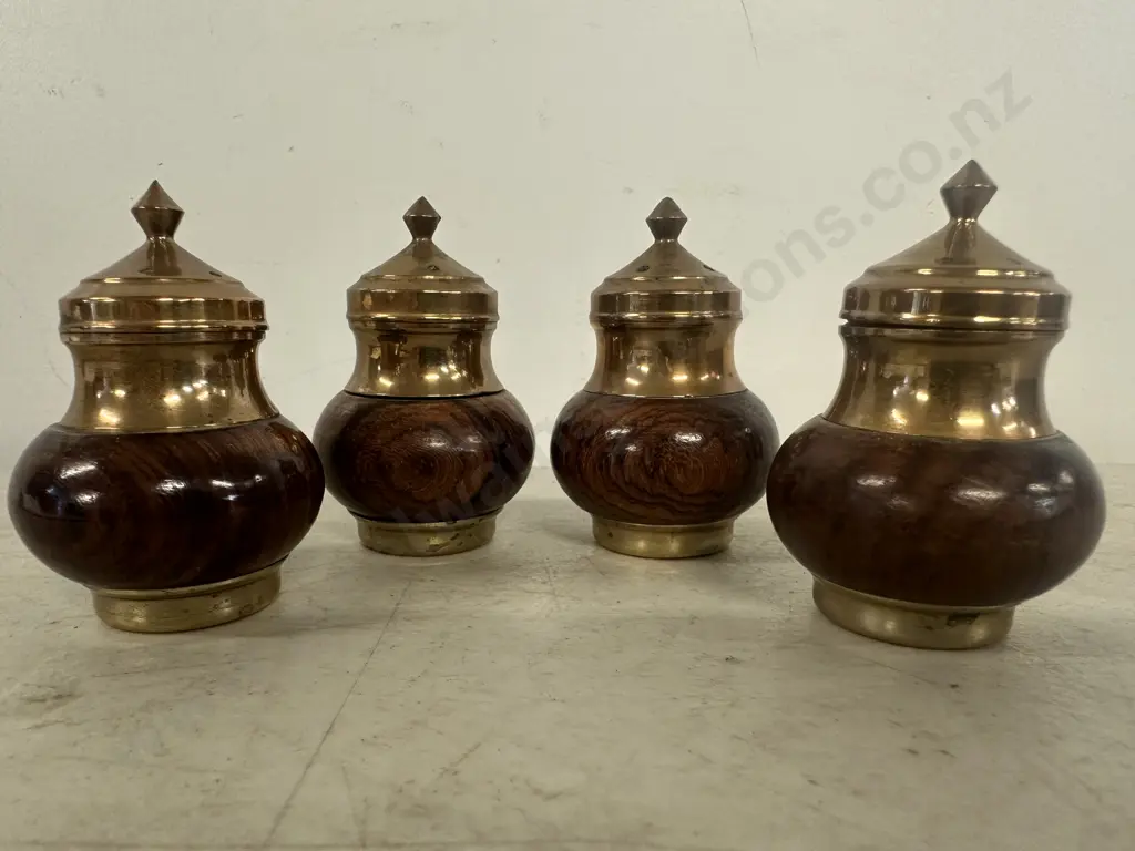 Vintage Brass & Wood Salt & Pepper Shakers Image 1++