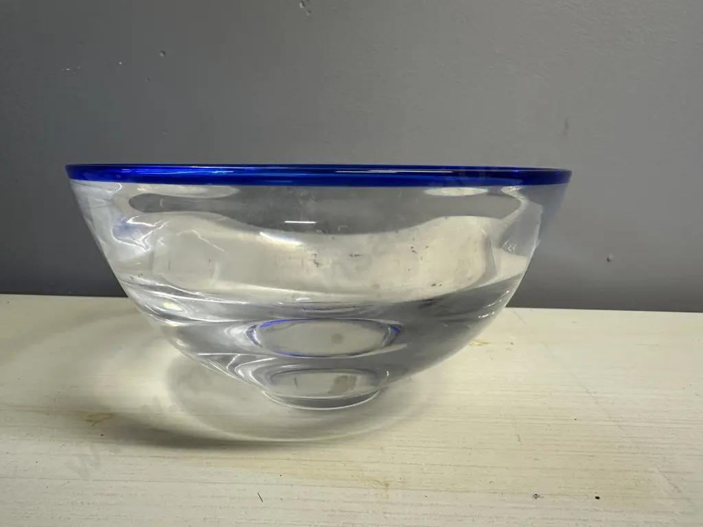 Art Glass Bowl With Cobalt Blue Rim H10,Dia20cm. Image 1++
