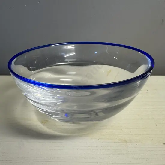 Art Glass Bowl With Cobalt Blue Rim H10,Dia20cm.