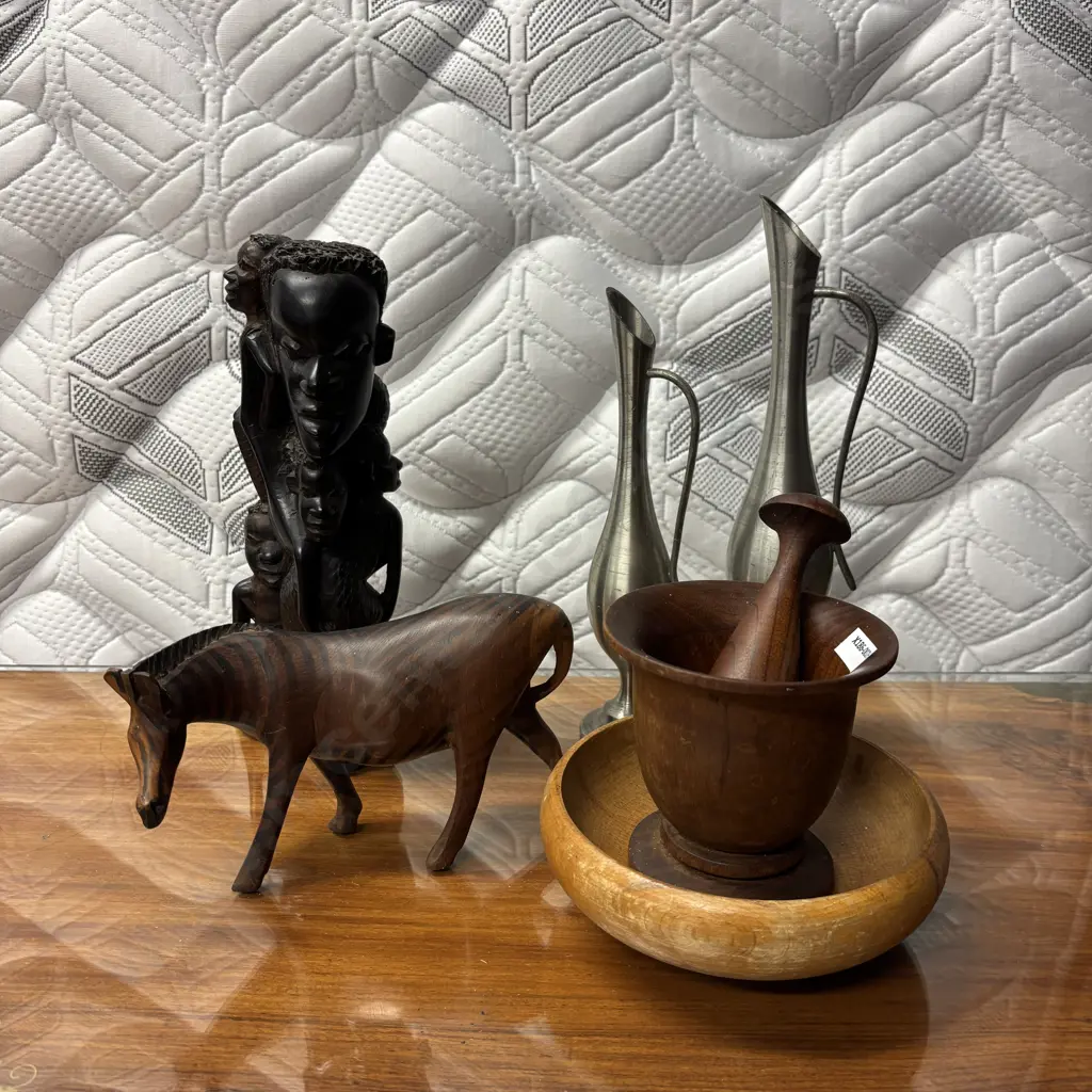 Assorted Vintage Wooden items with pair of Pewter Vases Image 1++