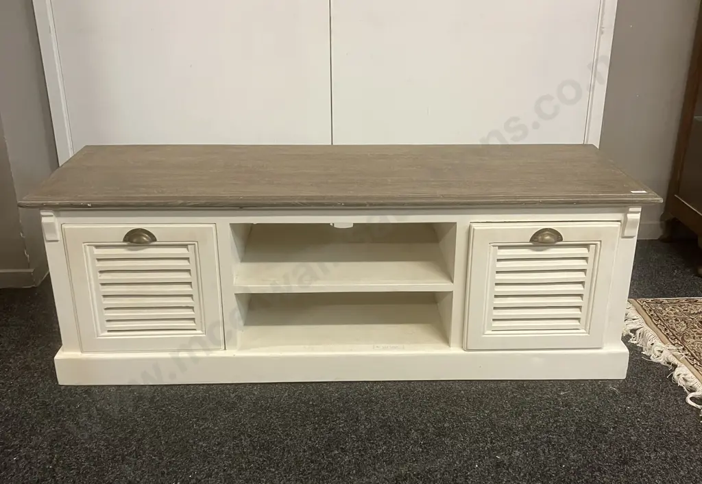 French Country Style White Entertainment Unit, 2 x Louvre Drawers. H45 W133 D45cm Image 1++