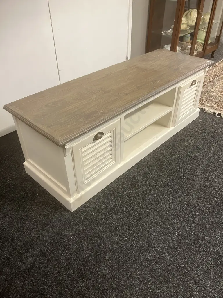 French Country Style White Entertainment Unit, 2 x Louvre Drawers. H45 W133 D45cm Image 1++