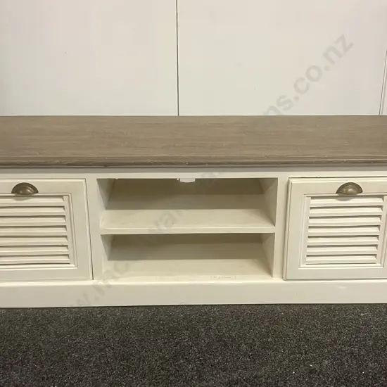 French Country Style White Entertainment Unit, 2 x Louvre Drawers. H45 W133 D45cm
