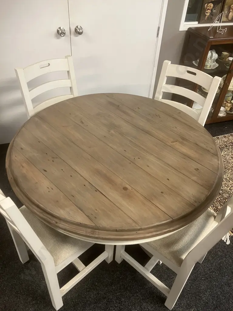'Reclaimed' French Country Style White Round Pedestal Table (79 x 120cm) With Four Matching Oatmeal Upholstered Chairs Image 1++