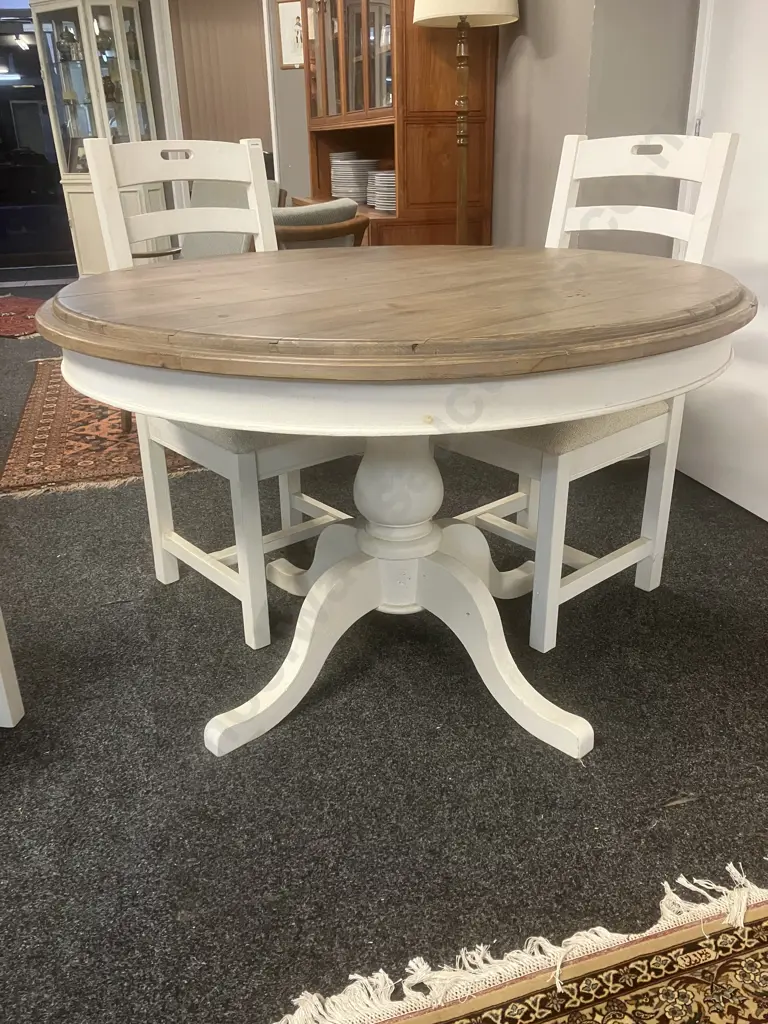 'Reclaimed' French Country Style White Round Pedestal Table (79 x 120cm) With Four Matching Oatmeal Upholstered Chairs Image 1++