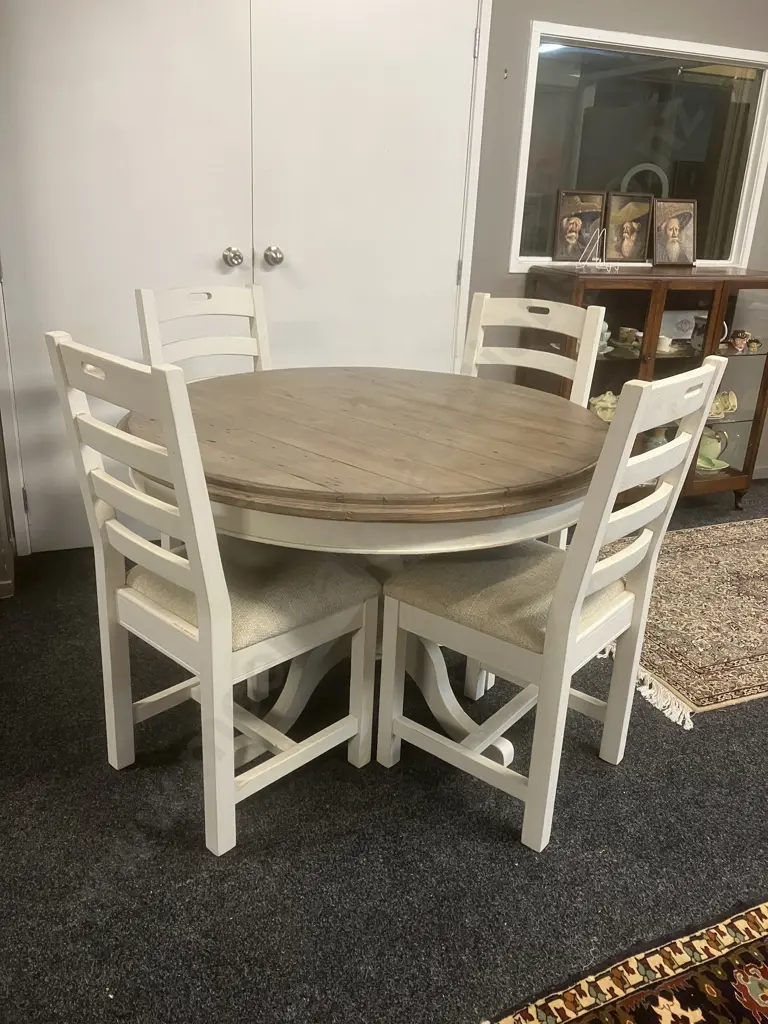 'Reclaimed' French Country Style White Round Pedestal Table (79 x 120cm) With Four Matching Oatmeal Upholstered Chairs Image 1++
