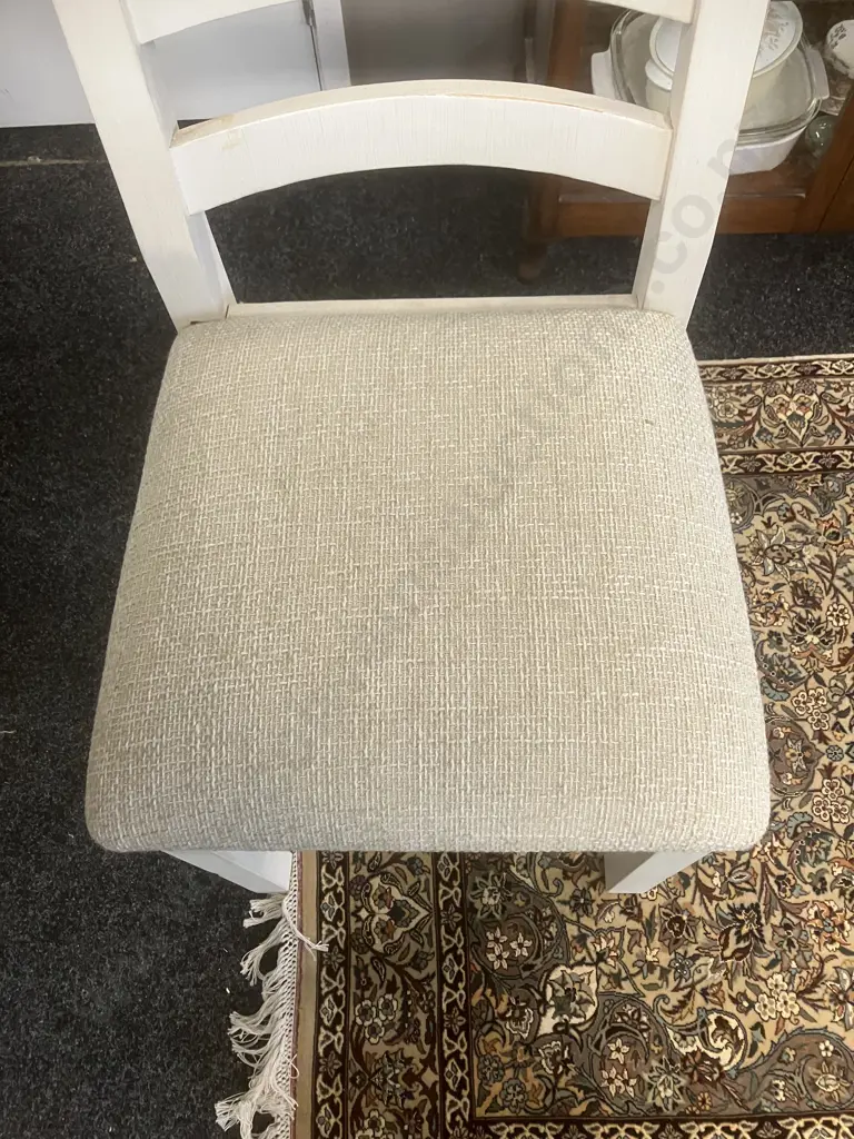 'Reclaimed' French Country Style White Round Pedestal Table (79 x 120cm) With Four Matching Oatmeal Upholstered Chairs Image 1++