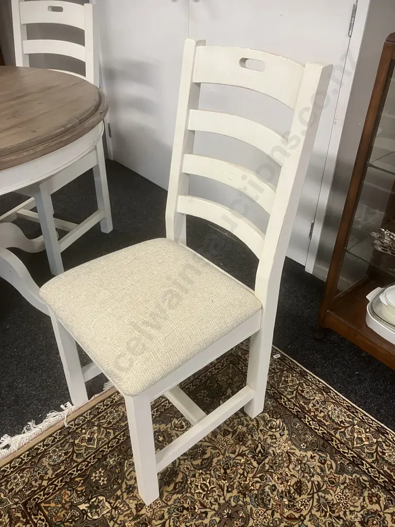 'Reclaimed' French Country Style White Round Pedestal Table (79 x 120cm) With Four Matching Oatmeal Upholstered Chairs Image 1++