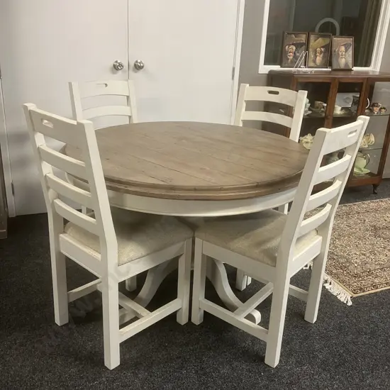'Reclaimed' French Country Style White Round Pedestal Table (79 x 120cm) With Four Matching Oatmeal Upholstered Chairs
