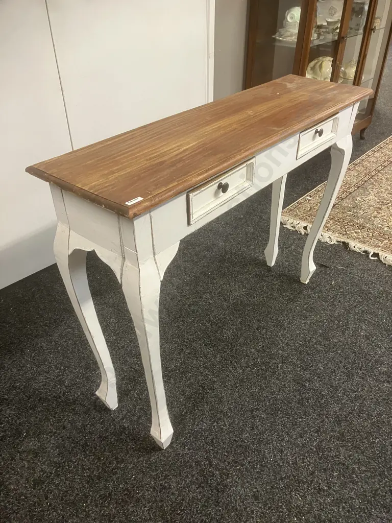 French Provincial Style White Two Drawer Console Table With Rustic Wooden Top. H76 W100 D30cm Image 1++