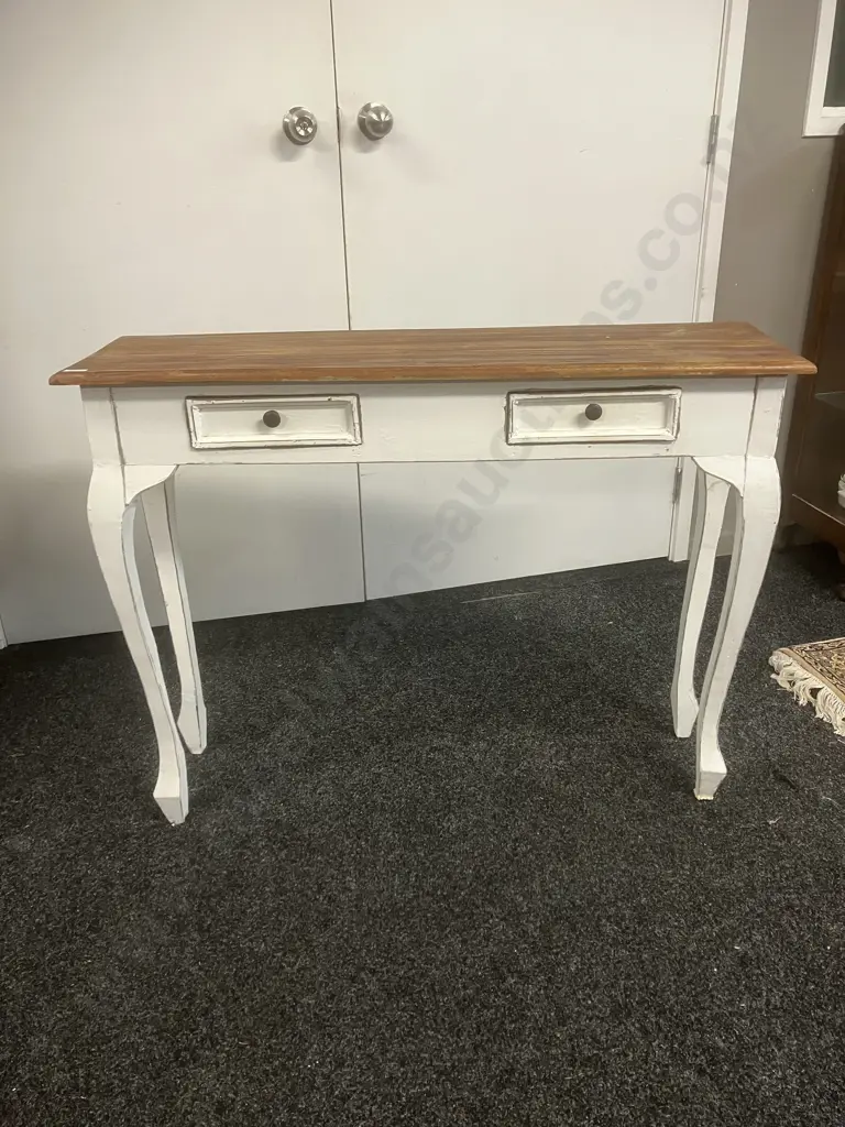 French Provincial Style White Two Drawer Console Table With Rustic Wooden Top. H76 W100 D30cm Image 1++