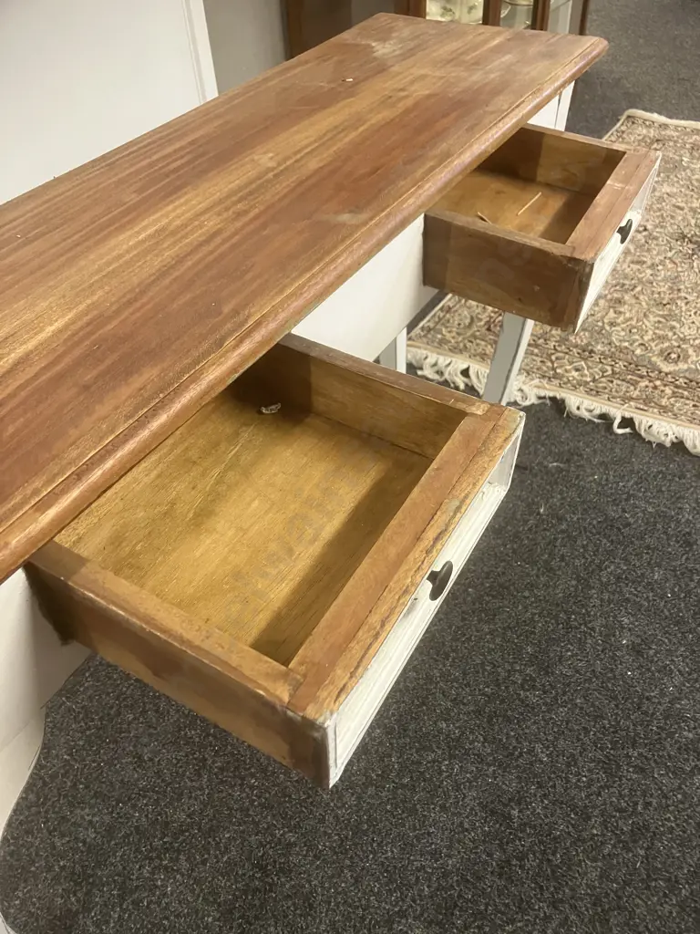 French Provincial Style White Two Drawer Console Table With Rustic Wooden Top. H76 W100 D30cm Image 1++