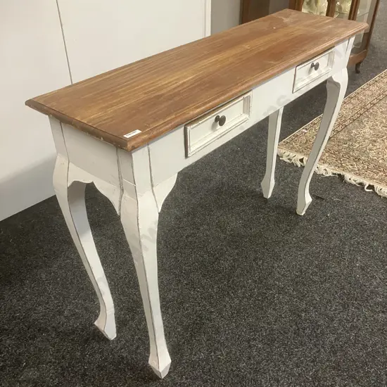 French Provincial Style White Two Drawer Console Table With Rustic Wooden Top. H76 W100 D30cm