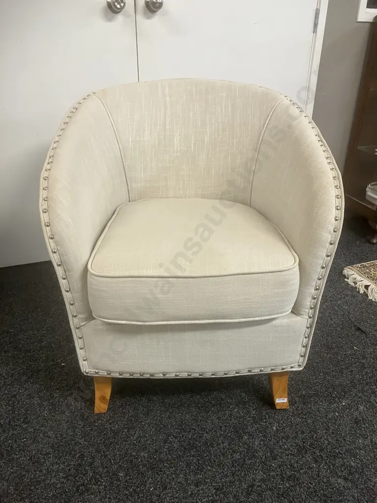 Cream Fabric Tub Chair On Four Wooden Legs, Domed Detailing. H82 W73 D81cm Image 1++