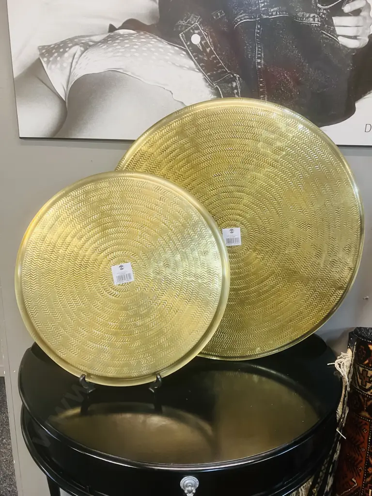 Large Round Metal Brass Look Trays. Dia 46 & 61cm Image 1++