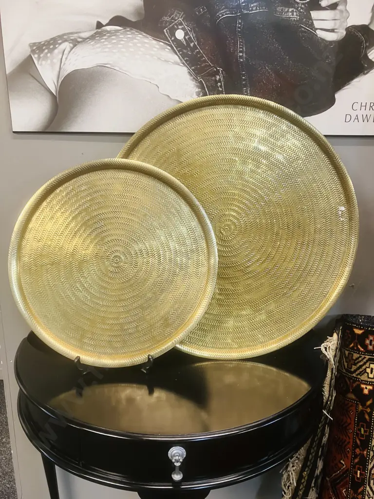 Large Round Metal Brass Look Trays. Dia 46 & 61cm Image 1++