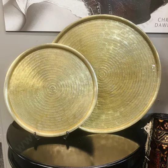 Large Round Metal Brass Look Trays. Dia 46 & 61cm