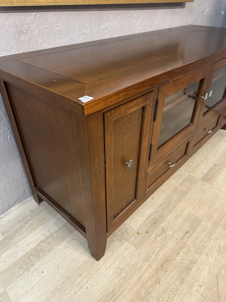 Oak Entertainment Unit, 2 x DVD / CD Storage Slide Out Drawers, 2 Glazed Doors, 2 Drawers. H73 W159.5 D55cm Image 1++