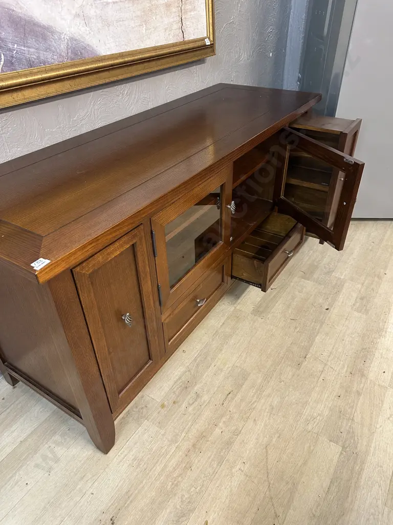 Oak Entertainment Unit, 2 x DVD / CD Storage Slide Out Drawers, 2 Glazed Doors, 2 Drawers. H73 W159.5 D55cm Image 1++