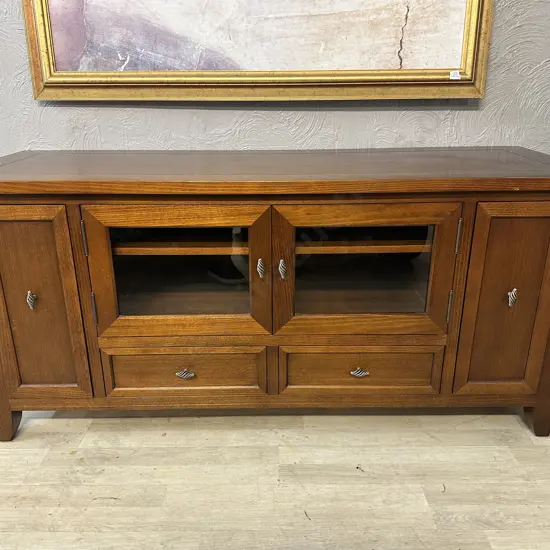 Oak Entertainment Unit, 2 x DVD / CD Storage Slide Out Drawers, 2 Glazed Doors, 2 Drawers. H73 W159.5 D55cm
