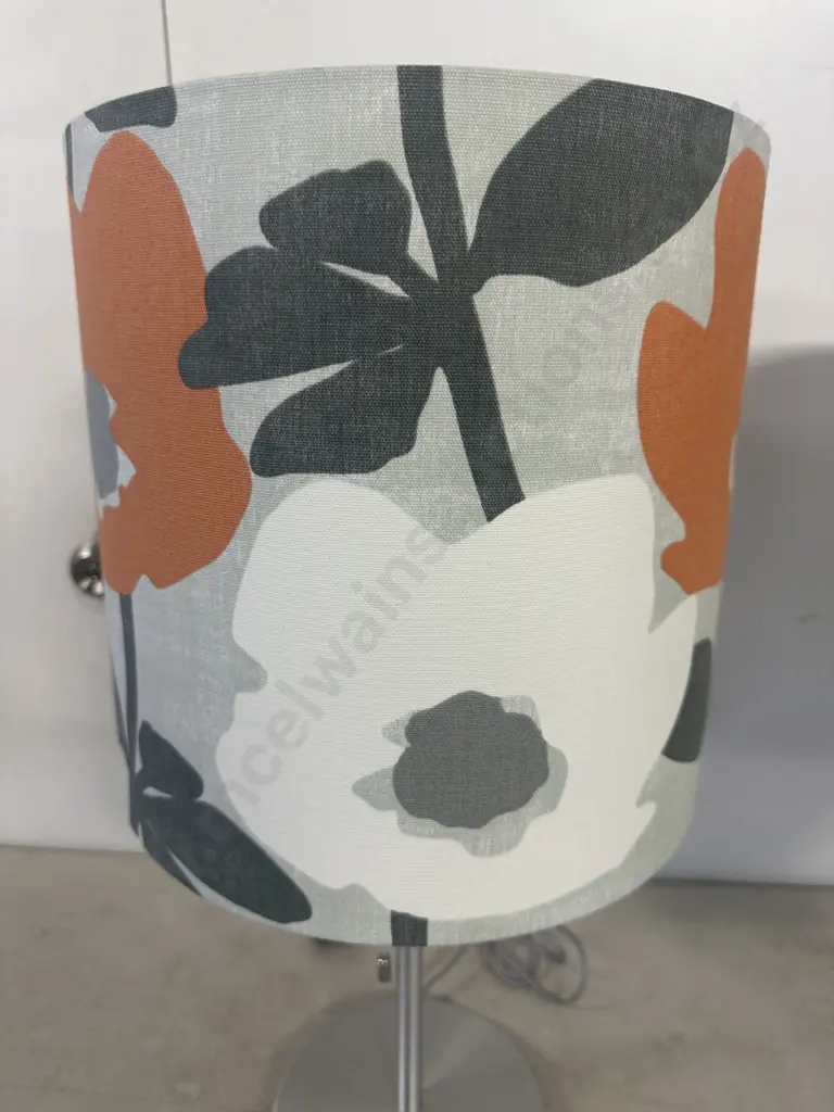 Pair Of Table Lamps Silver Coloured Bases With Pull Cord & Abstract Floral Shades Image 1++