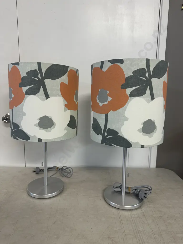 Pair Of Table Lamps Silver Coloured Bases With Pull Cord & Abstract Floral Shades Image 1++