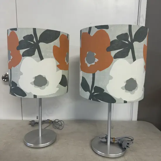 Pair Of Table Lamps Silver Coloured Bases With Pull Cord & Abstract Floral Shades