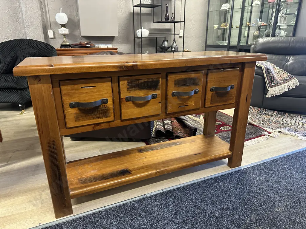 Rustic Recycled Console/Hall Table Four Drawers & Wrought Handles. H82,W135,D40cm. Image 1++