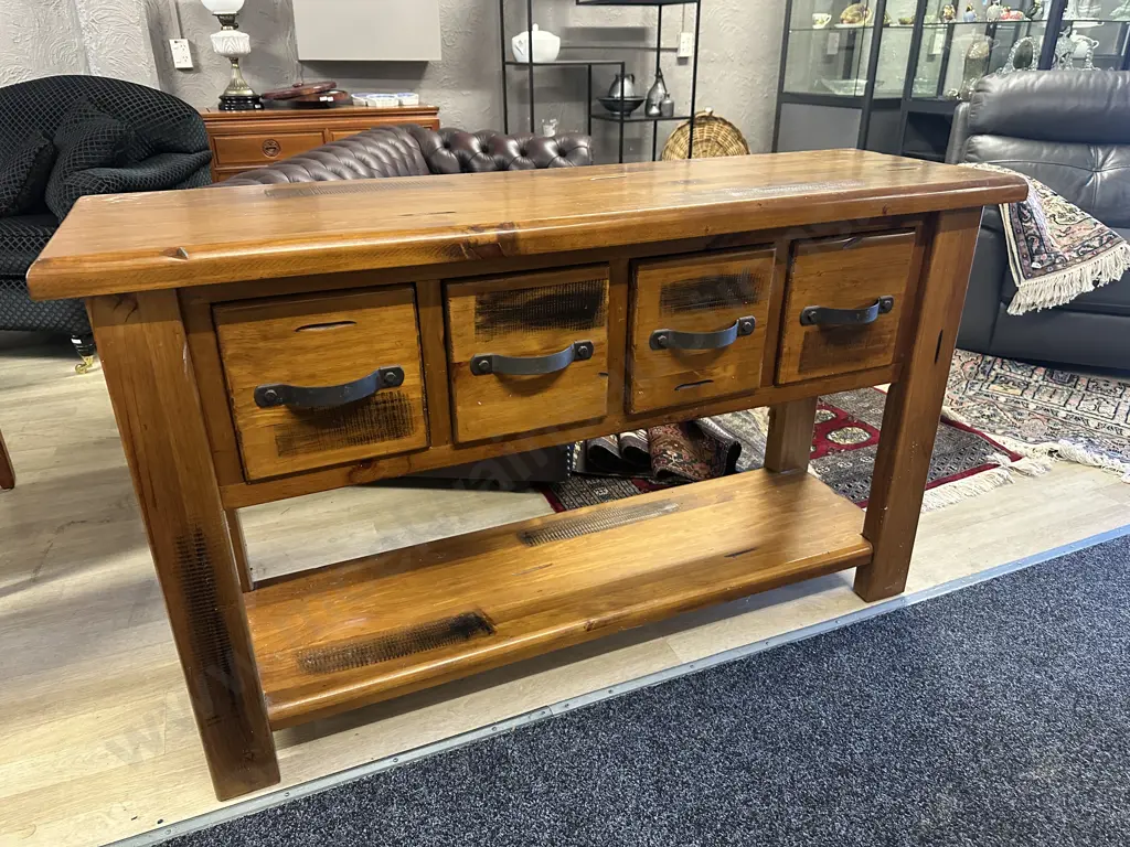 Rustic Recycled Console/Hall Table Four Drawers & Wrought Handles. H82,W135,D40cm. Image 1++